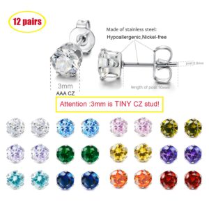 LOYALLOOK 12 Pairs Stainless Steel Brilliant Cut Round Cubic Zirconia Birthstone Stud Earrings for Women (C:3mm 12 pairs)