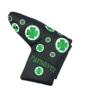 Parsaver Shamrock Lucky Clover Golf Blade Putter Cover Lucky Four Leaf Clover Black Covers for Scotty Cameron Odyssey Taylormade Titleist Ping and Mizuno Putters. A Wonderful Golf Gift