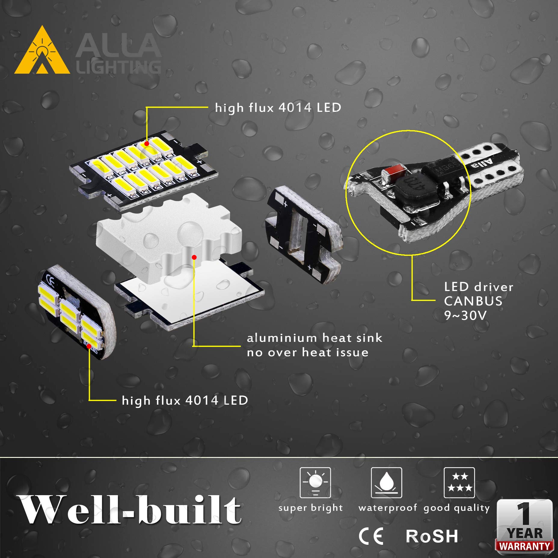 Alla Lighting 912 921 LED Bulbs for Back-up Reverse Lights, 6000K Xenon White CAN-BUS 4014 30-SMD T10 T15 906 W16W 921K 922, 360° Light Backup, Cargo Lights Replacement, Extremely Super Bright