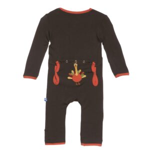 kickee pants holiday applique coverall (bark turkey with fuzzy bee trim - 3-6 months)