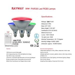 RAYWAY Par38 RGB LED Light Bulbs LED bulbs 30W RGB Warm White,Waterproof Outdoor and Indoor Spotlight Bulb,E27 Floodlight with Remote for Holiday Party Courtyard Decoration