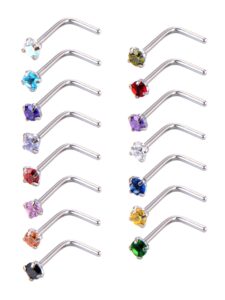 15 pieces 20 gauge l shaped nose ring curved nose stud bend bar piercing jewellery, 15 colors