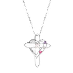 eve's addiction women's custom sterling silver 3 stone simulated birthstone heart with cross pendant (20" chain) personalized mother daughter - gifts for mom