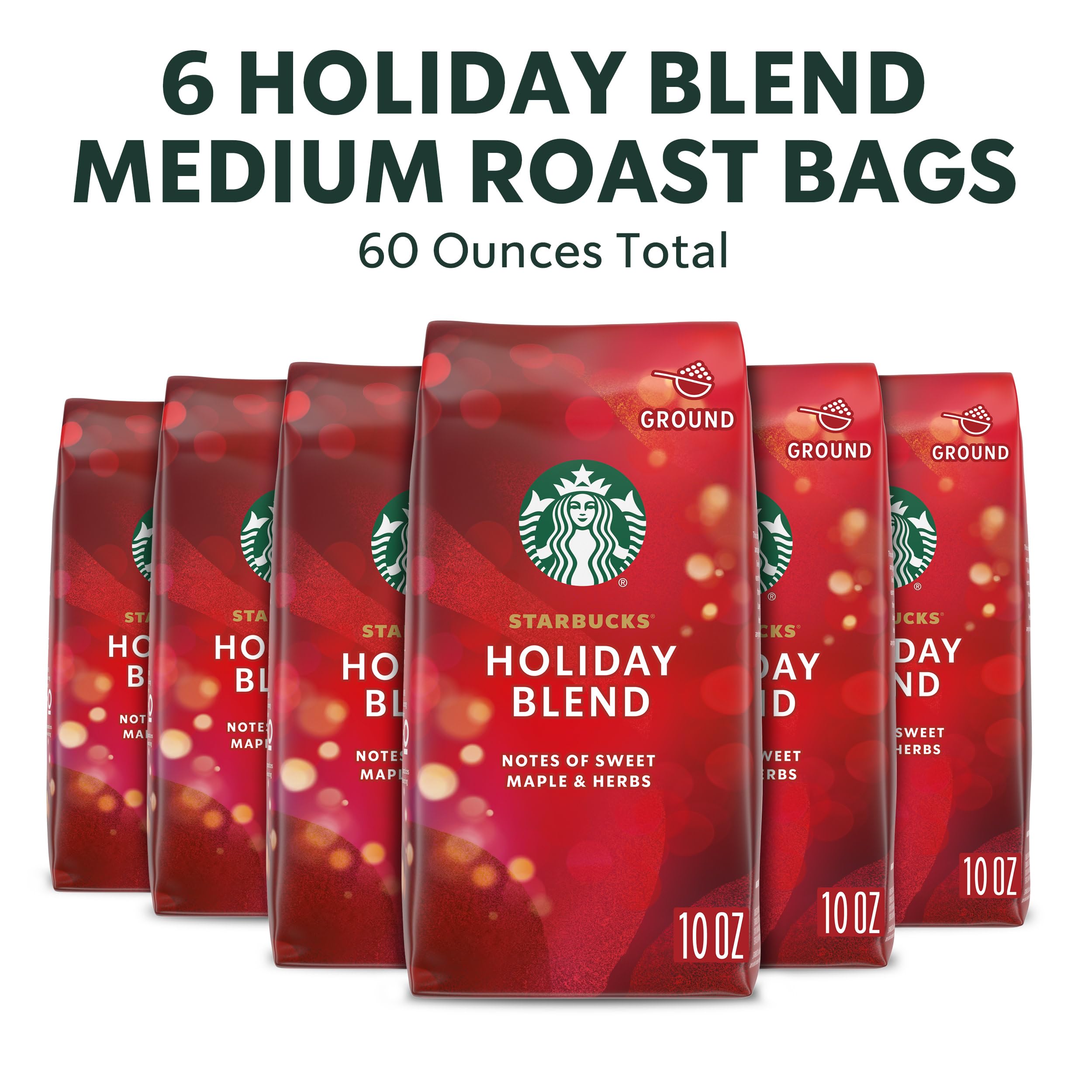 Starbucks Ground Coffee, Holiday Blend Medium Roast Coffee, 100% Arabica, Limited Edition Holiday Coffee, 6 Bags (10 Oz Each)