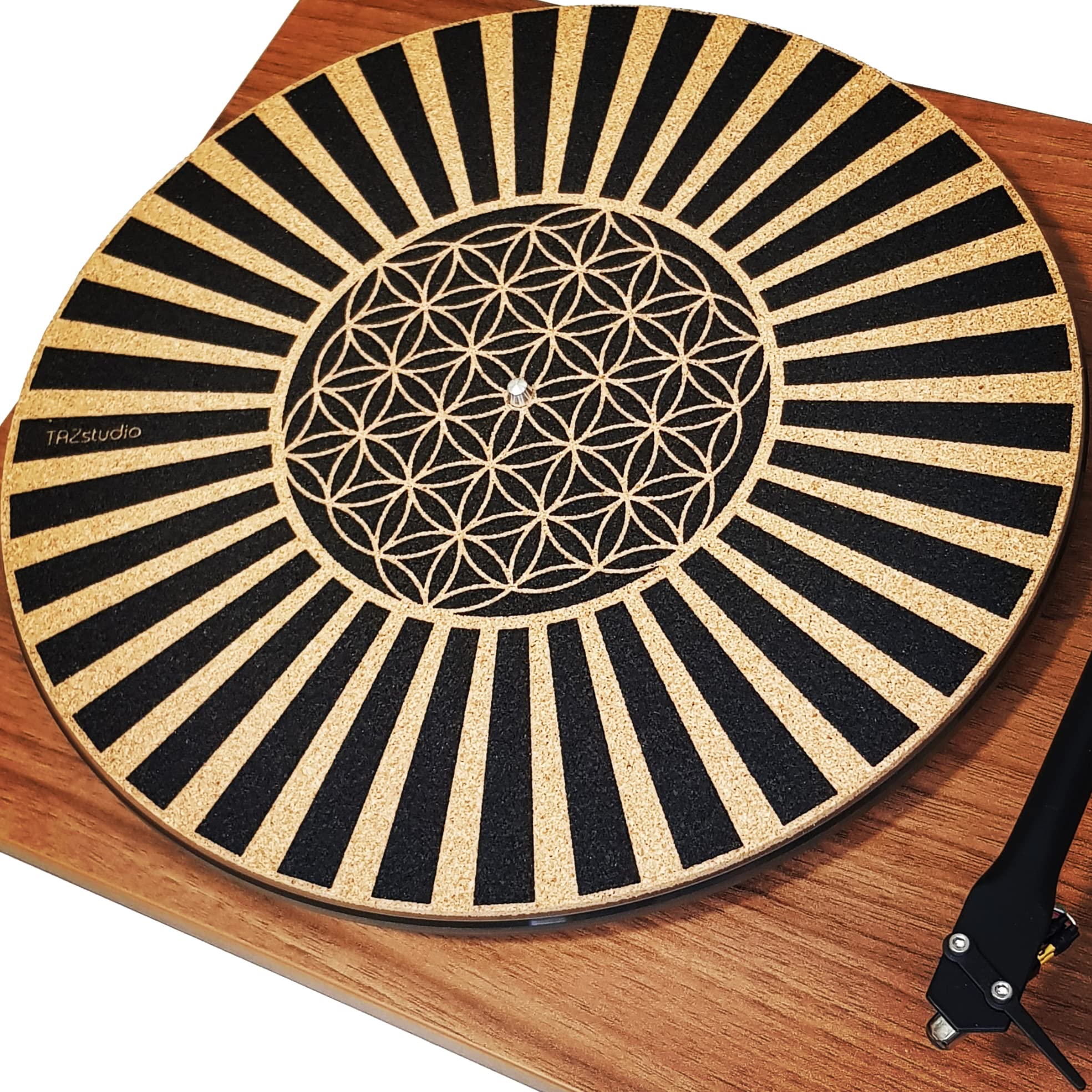 TazStudio Premium slipmat - Cork Turntable Mat for Better Sound Support on Vinyl LP Record Player - Cork mat Original Art Design - Psychedelic Geometric The Flower of Life (4mm Thick)-m6