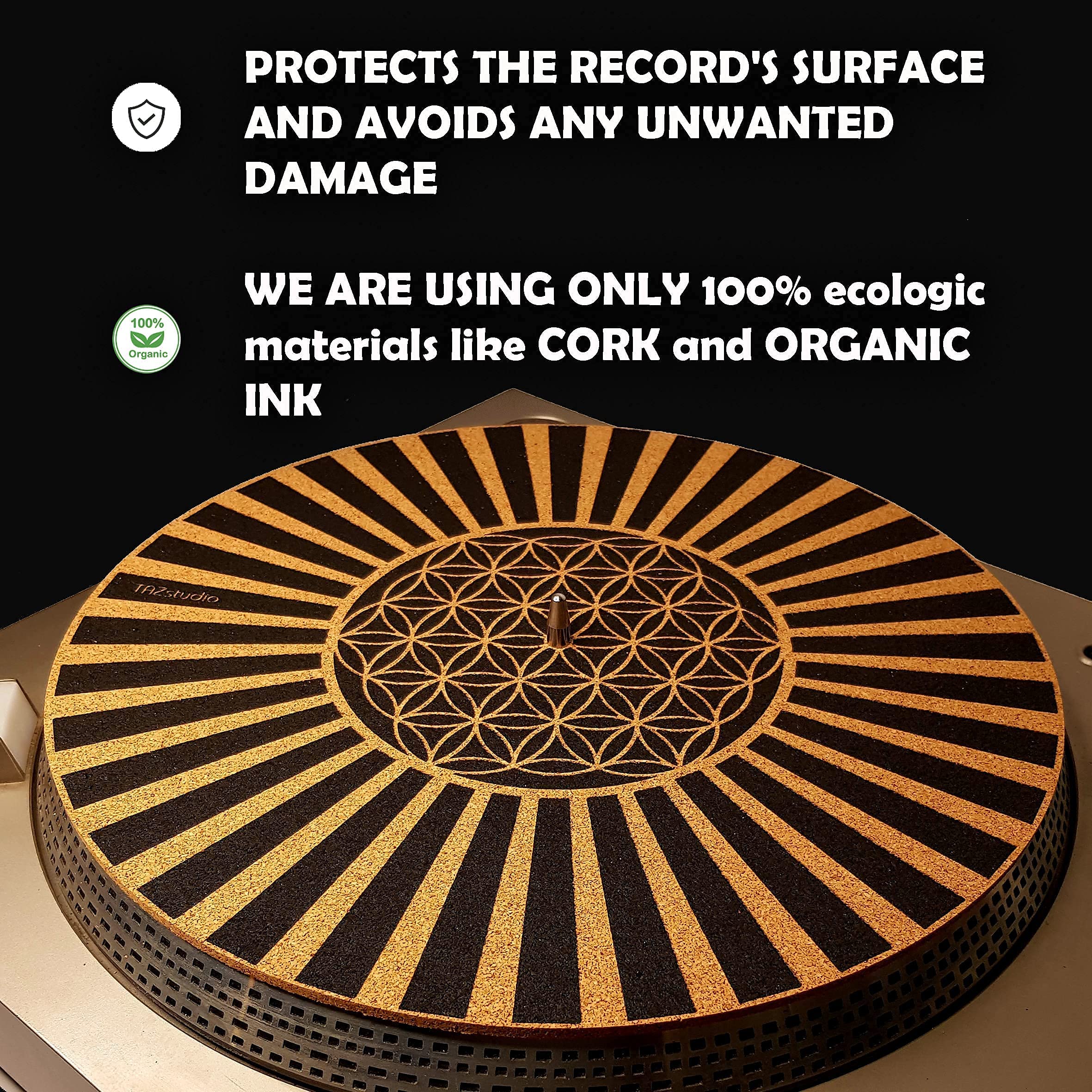 TazStudio Premium slipmat - Cork Turntable Mat for Better Sound Support on Vinyl LP Record Player - Cork mat Original Art Design - Psychedelic Geometric The Flower of Life (4mm Thick)-m6