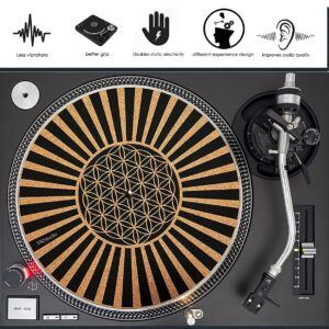 TazStudio Premium slipmat - Cork Turntable Mat for Better Sound Support on Vinyl LP Record Player - Cork mat Original Art Design - Psychedelic Geometric The Flower of Life (4mm Thick)-m6