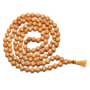 IS4A 8MM TULSI HOLY BASIL PRAYER BEADS JAPA MALA NECKLACE HAND KNOTTED. KARMA (108+1) BEADS. BLESSED & ENERGIZED HINDU TIBETAN BUDDHIST SUBHA ROSARY (ORANGE TESSEL)