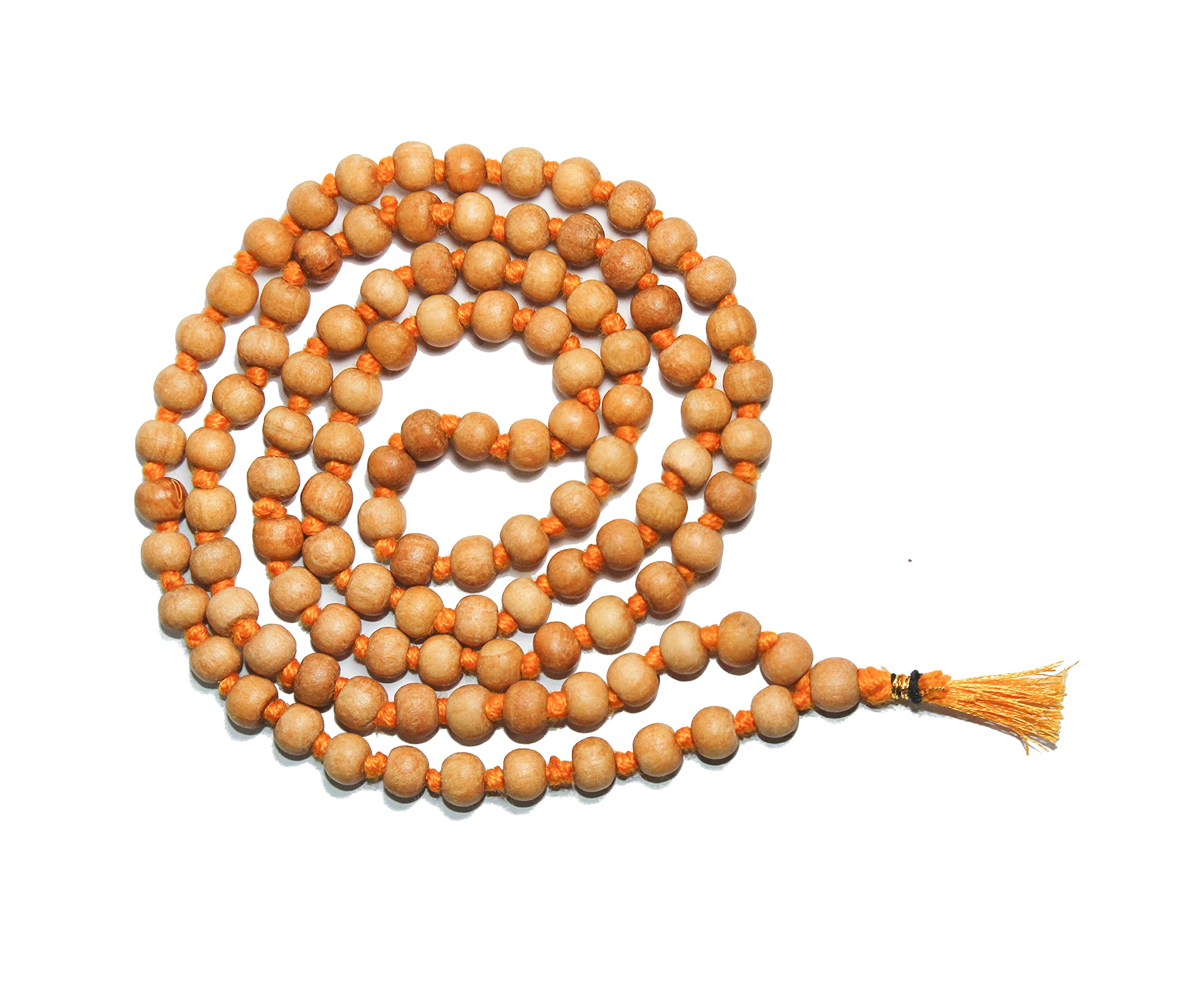 IS4A 8MM TULSI HOLY BASIL PRAYER BEADS JAPA MALA NECKLACE HAND KNOTTED. KARMA (108+1) BEADS. BLESSED & ENERGIZED HINDU TIBETAN BUDDHIST SUBHA ROSARY (ORANGE TESSEL)