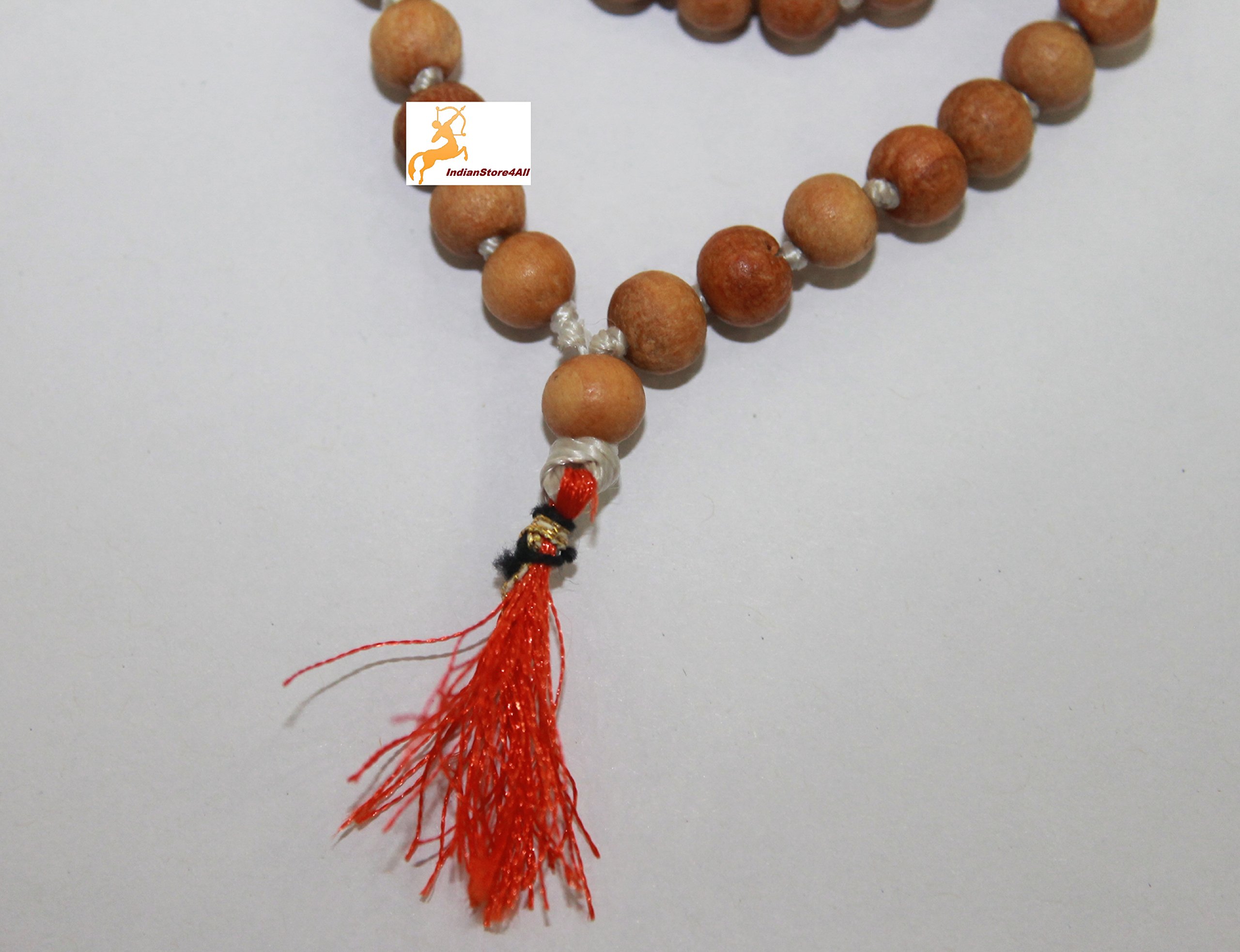 IS4A 8MM TULSI HOLY BASIL PRAYER BEADS JAPA MALA NECKLACE HAND KNOTTED. KARMA (108+1) BEADS. BLESSED & ENERGIZED HINDU TIBETAN BUDDHIST SUBHA ROSARY (ORANGE TESSEL)