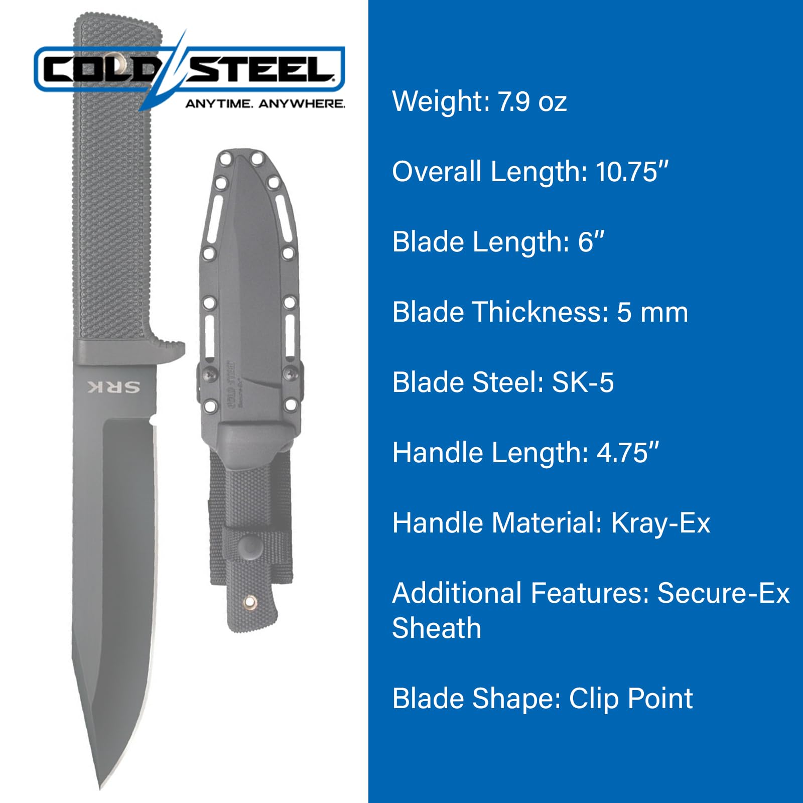 Cold Steel SRK 6" SK-5 Clip Point Razor-Sharp Blade 4.75" Durable Kray-Ex Handle Tactical Fixed Blade Knife, Blister Pack