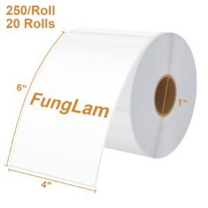 FungLam Thermal Labels 4x6 Direct Thermal Shipping Labels, 20 Rolls with 250 Labels/Roll, 1'' Core, Compatible Zebra 2844 ZP-450 ZP-500 ZP-505 Thermal Printer Label