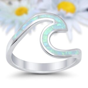 Wave Swirl Band Ring Irregular Shape Lab Created White Opal 925 Sterling Silver, Size-6