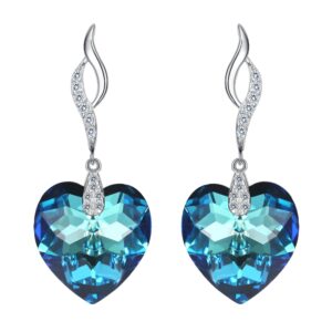 EleQueen 925 Sterling Silver CZ Love Heart Leaf Ribbon Dangle Earrings Bermuda Blue Made with Austrian Crystals