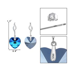 EleQueen 925 Sterling Silver CZ Love Heart Leaf Ribbon Dangle Earrings Bermuda Blue Made with Austrian Crystals