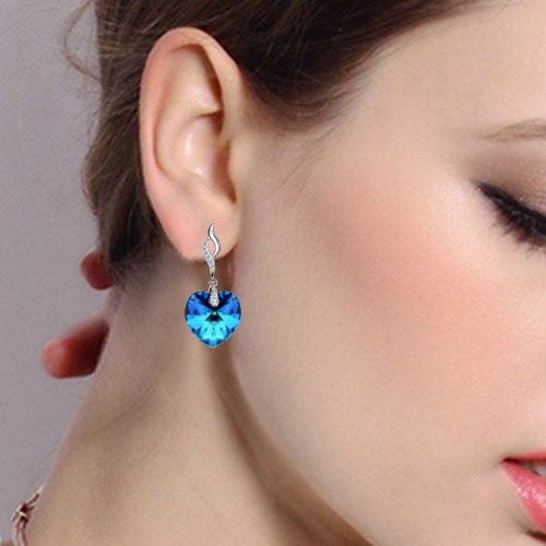 EleQueen 925 Sterling Silver CZ Love Heart Leaf Ribbon Dangle Earrings Bermuda Blue Made with Austrian Crystals