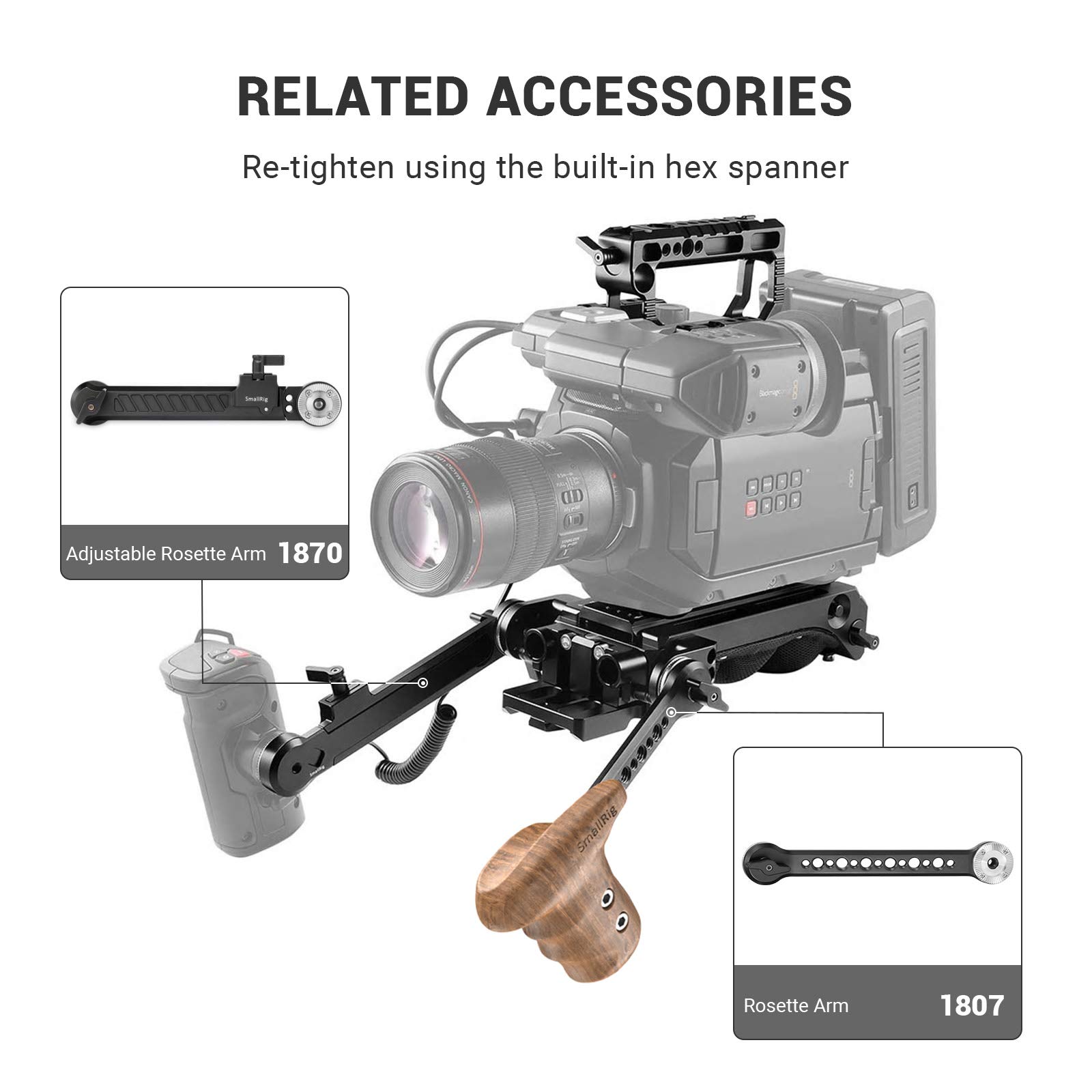 SMALLRIG Left Side Wooden Handle with Rosette for Camera Shoulder Support Rig, (Left Hand)- 1891