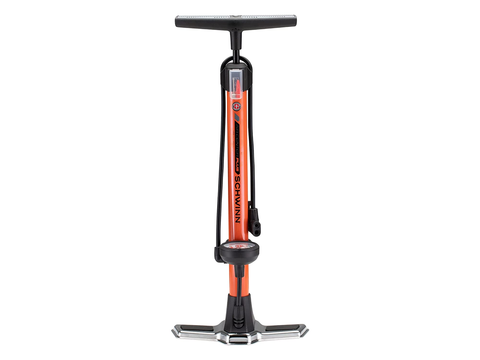 Schwinn Air Center Plus Floor Bike Pump, Pressure Gauge, Pumps 120 Max PSI, Dual Head Fits Schader and Presta Valve Types, Wide Metal Base, Orange