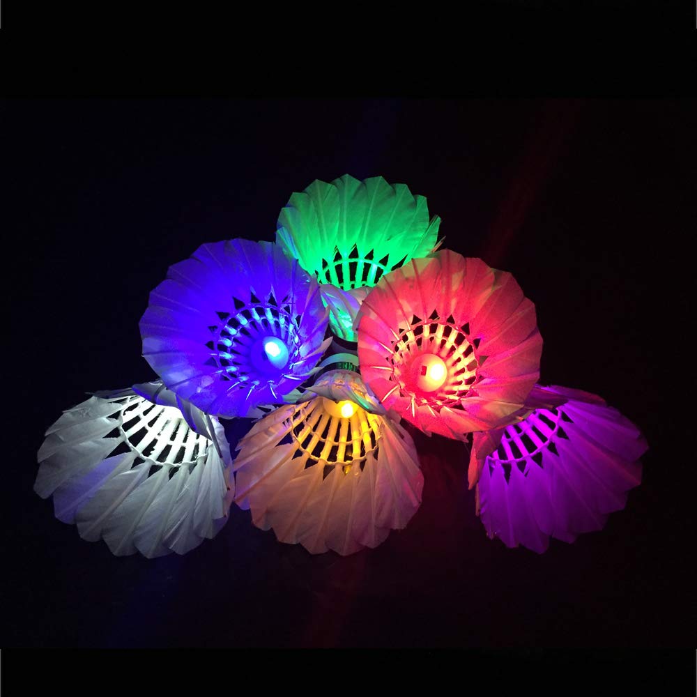 ZHENAN LED Badminton Shuttlecocks Dark Night Glow Birdies Lighting for Outdoor & Indoor Sports Activities (Feather_6pcs)