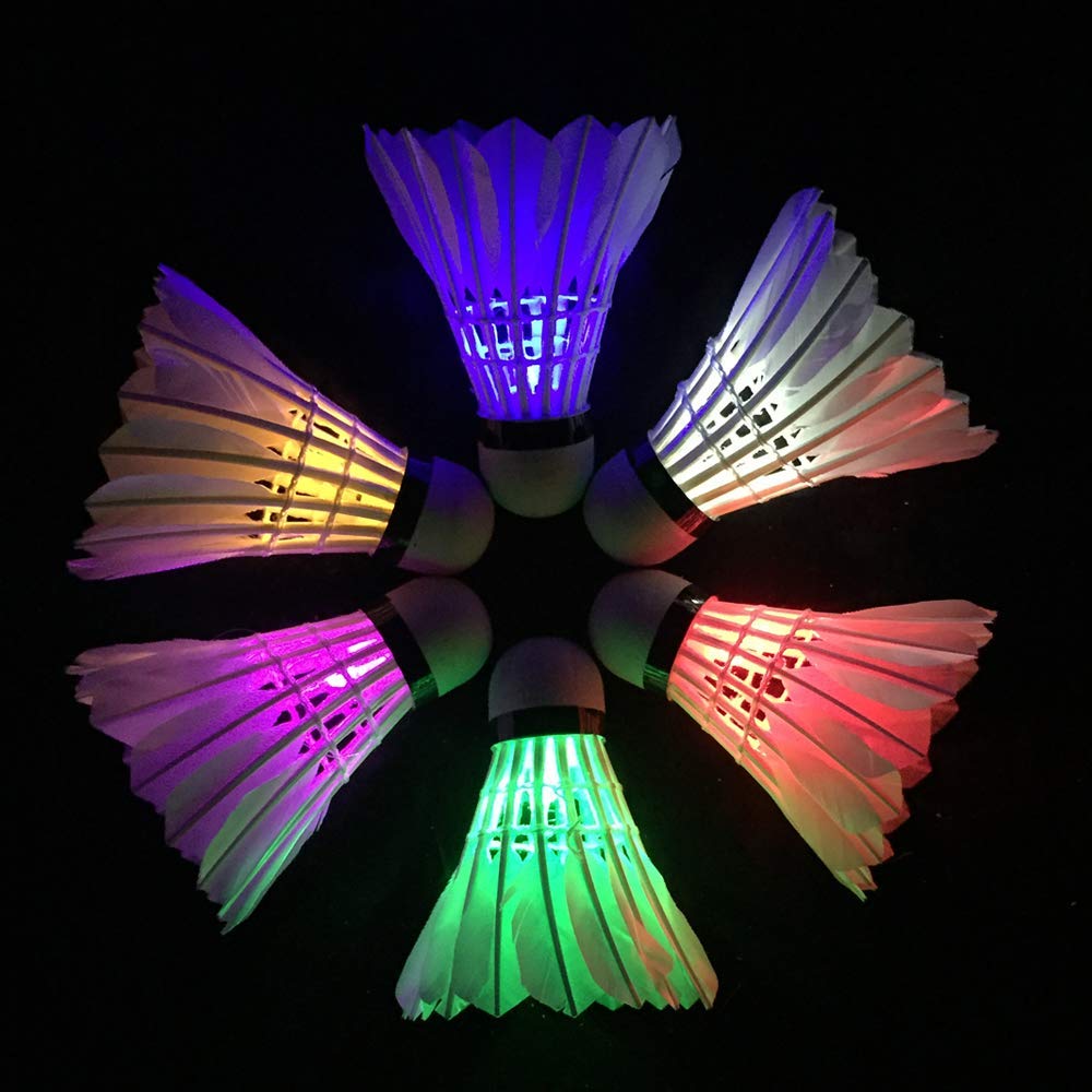 ZHENAN LED Badminton Shuttlecocks Dark Night Glow Birdies Lighting for Outdoor & Indoor Sports Activities (Feather_6pcs)