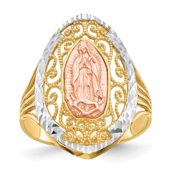 IceCarats 14K Two Tone Gold White Antique Filigree Our Lady of Guadalupe Virgin Mary Virgencita Maria Rosa Catholic Christian Holy Mother Band Size 8