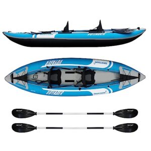 driftsun voyager inflatable kayak 2 person tandem, foldable kayaks for adults includes 2 aluminum paddles, 2 padded seats, double action pump and travel backpack