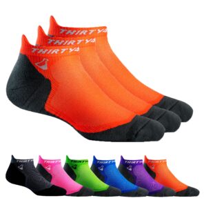 thirty48 ultralight athletic running socks for men and women with seamless toe, moisture wicking, cushion padding (large - women 9-10.5 // men 10-11.5, [3 pairs] orange/gray)