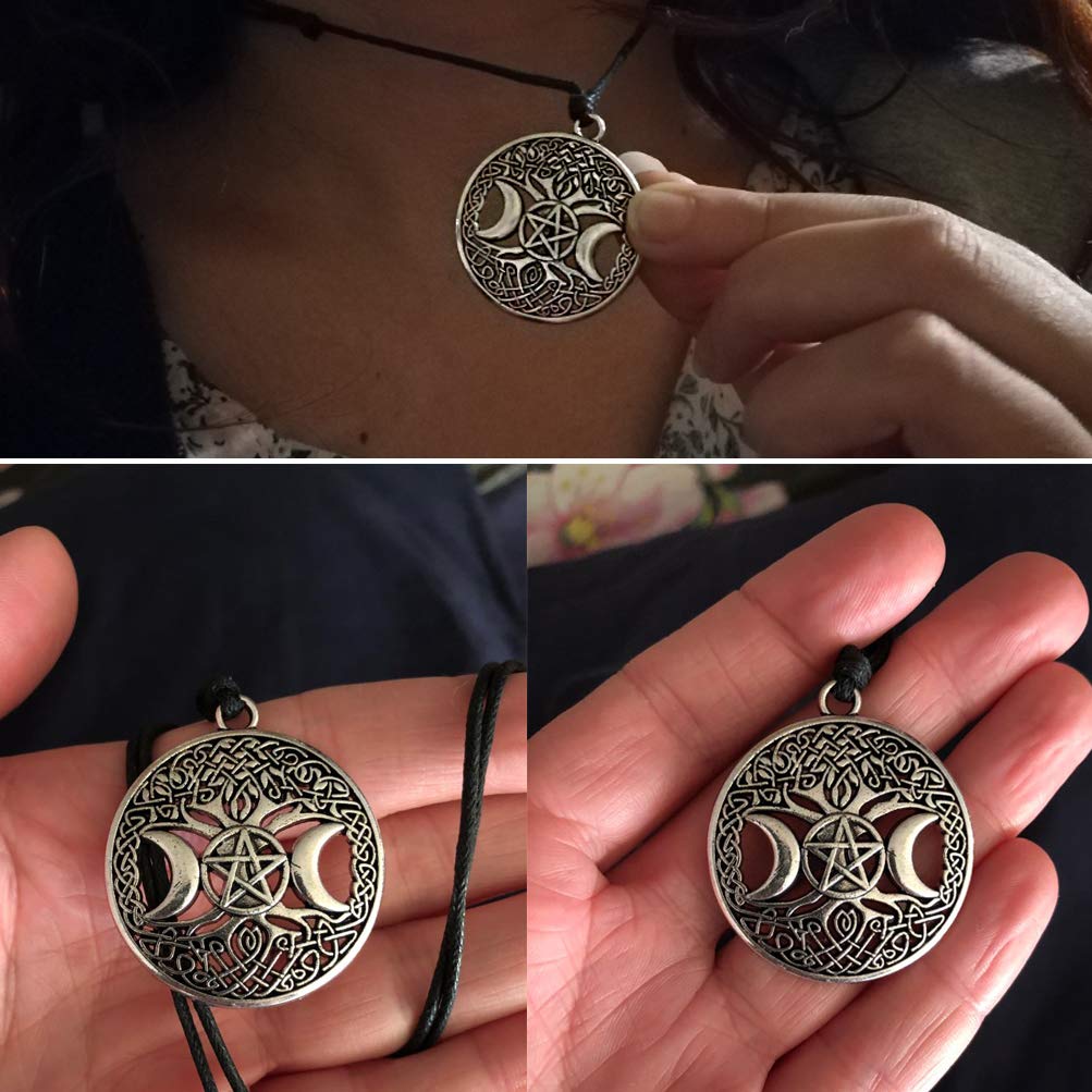 Triple Moon Goddess Pendant Tree of Life Necklace Pentacle Pentagram Wiccan