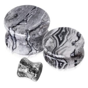 pierced owl grey wave jasper natural stone saddle plugs, sold as a pair (25mm (1"))