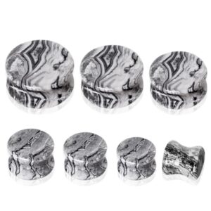 Pierced Owl Grey Wave Jasper Natural Stone Saddle Plugs, Sold as a Pair (25mm (1"))