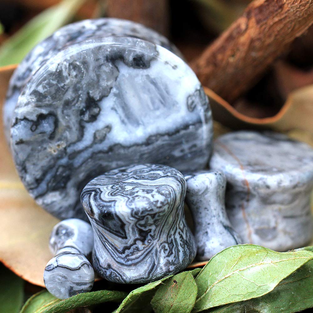 Pierced Owl Grey Wave Jasper Natural Stone Saddle Plugs, Sold as a Pair (25mm (1"))