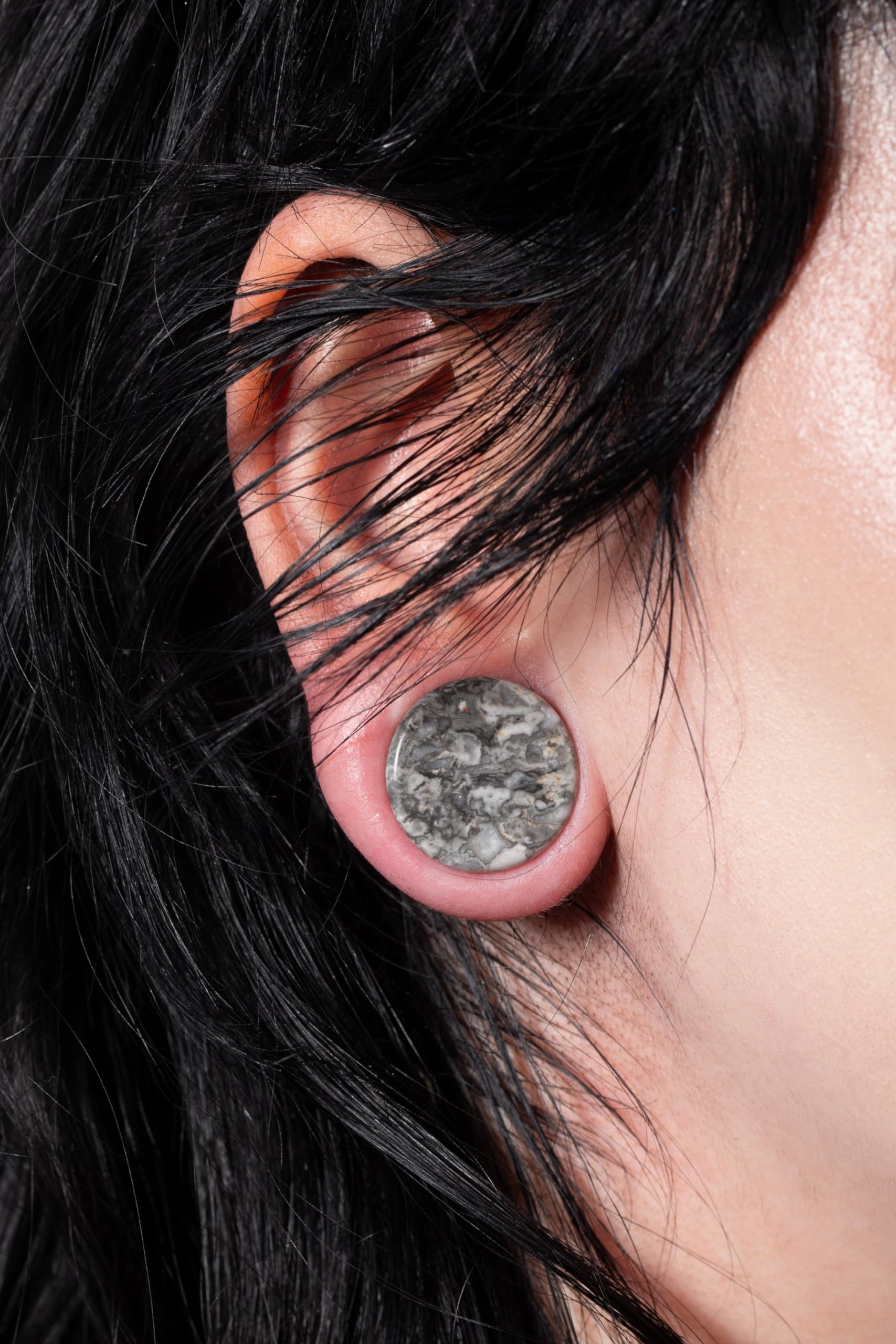 Pierced Owl Grey Wave Jasper Natural Stone Saddle Plugs, Sold as a Pair (25mm (1"))