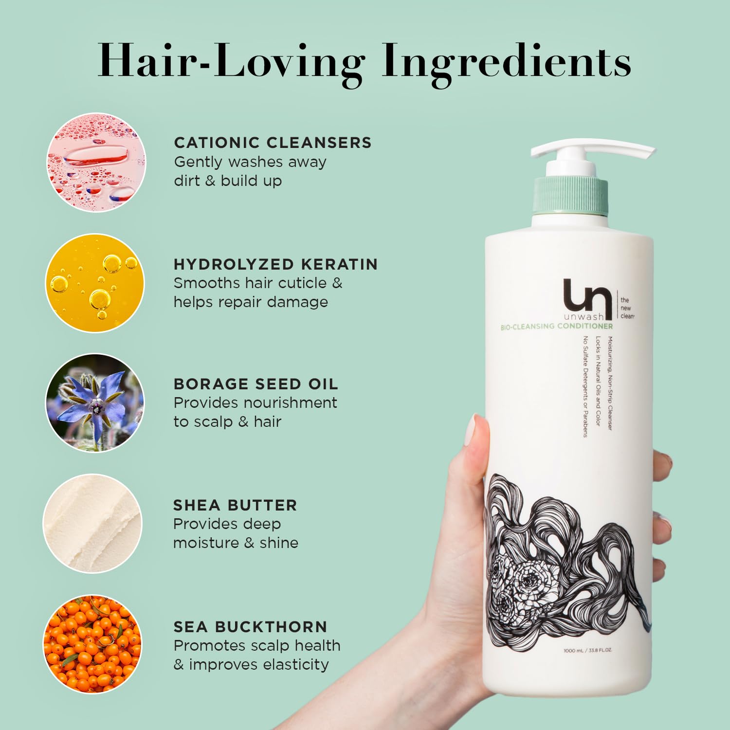 unwash Bio-Cleansing Conditioner - Gentle, Hydrating Co-Wash Cleansing Conditioner, Sulfate & Paraben Free, for Curly, Coily & Dry Hair, 33.8 fl oz