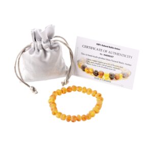 Raw Amber Bracelet for Adults Made on Elastic Band - 7 Inches - Baltic Amber Land - Hand-made From Unpolished / Certified Baltic Amber Beads (Honey)