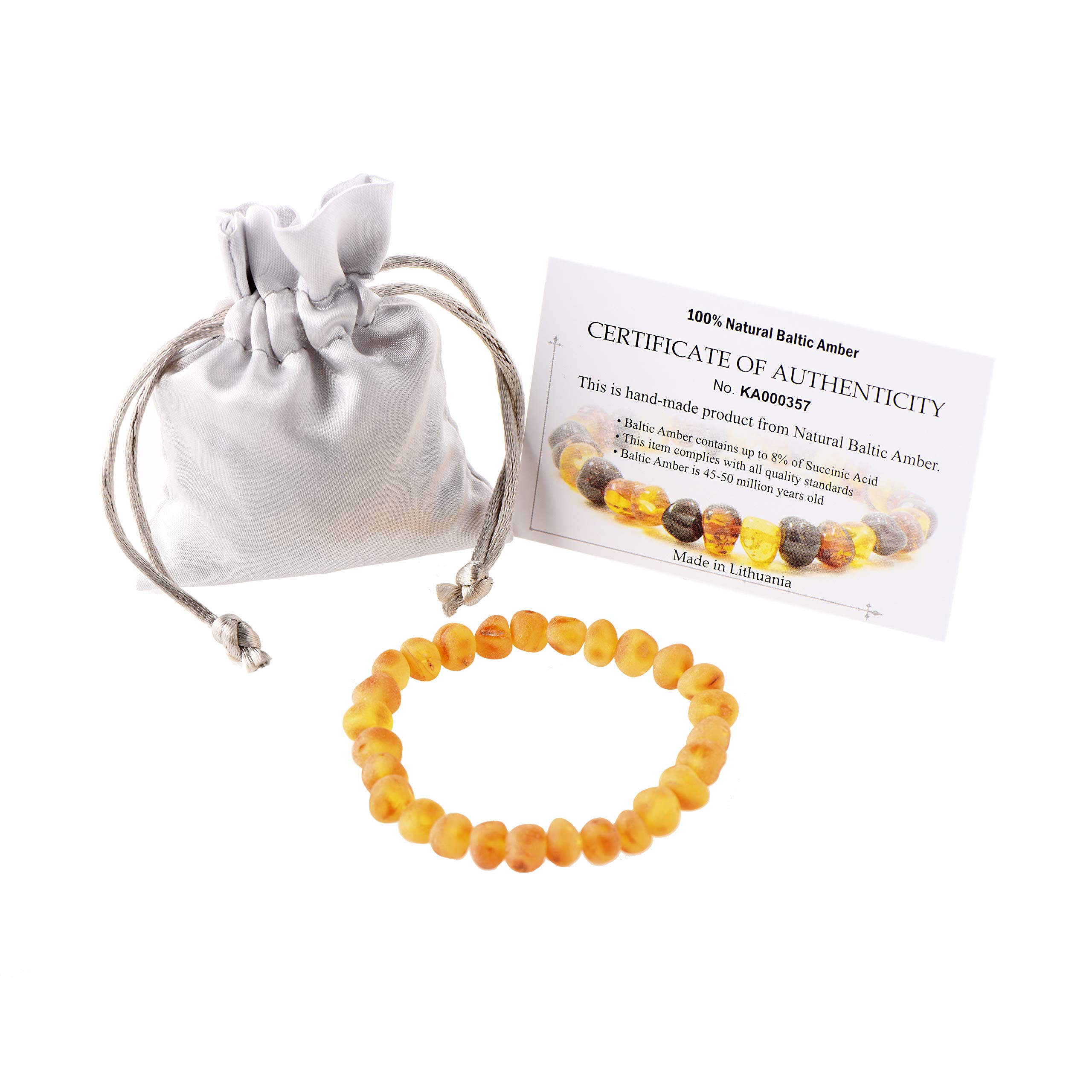 Raw Amber Bracelet for Adults Made on Elastic Band - 7 Inches - Baltic Amber Land - Hand-made From Unpolished / Certified Baltic Amber Beads (Honey)