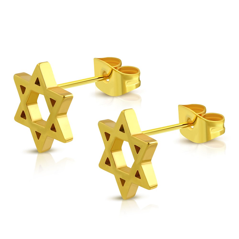 Stainless Steel Yellow Gold-Tone Jewish Star of David Stud Earrings, 0.35"