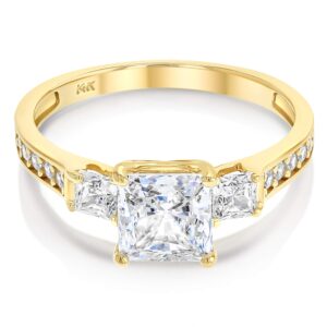 Ioka - 14K Solid Yellow Gold 1.5 Ct. Princess Cut 3 Stone CZ Engagement Ring With Stones in Band - Size 9