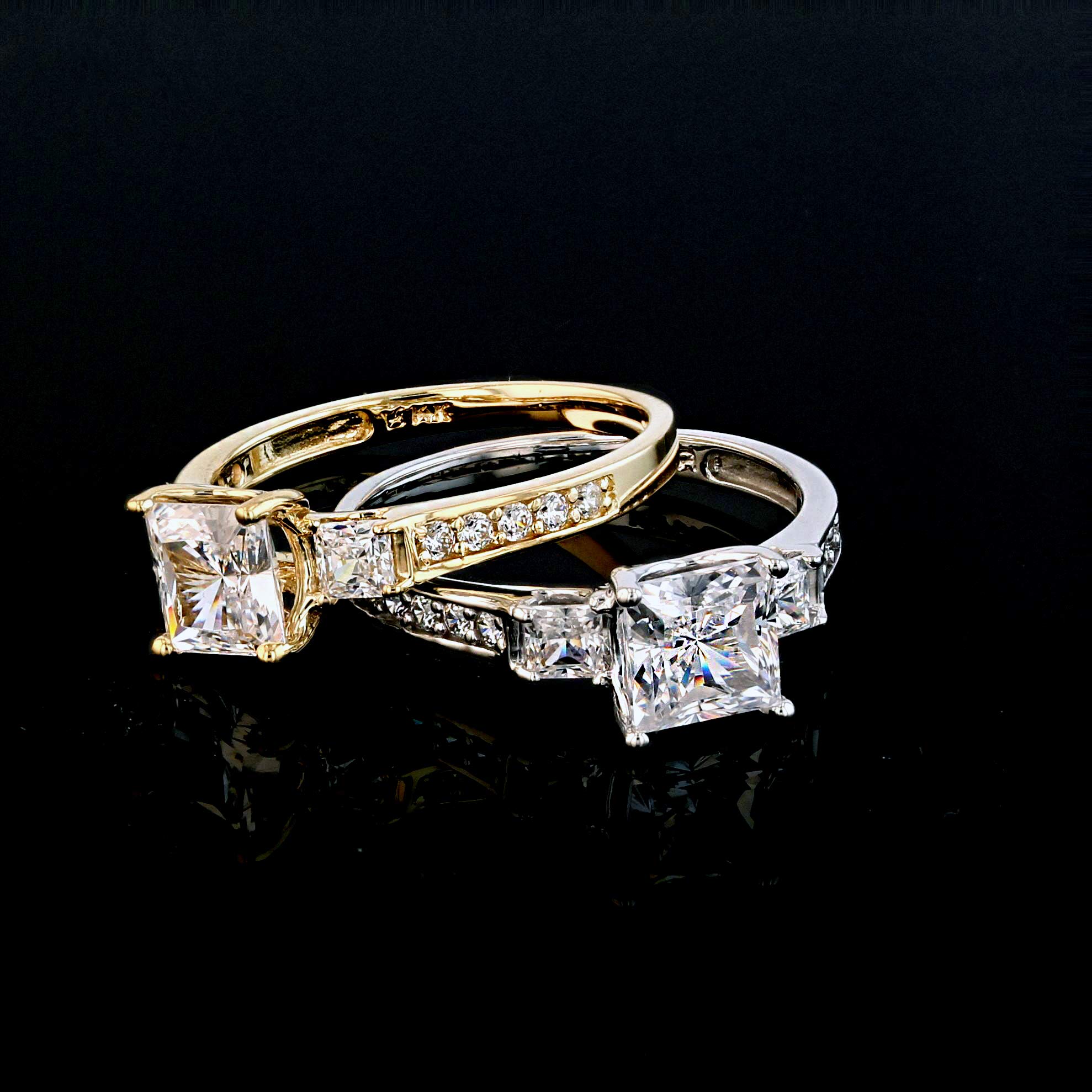 Ioka - 14K Solid Yellow Gold 1.5 Ct. Princess Cut 3 Stone CZ Engagement Ring With Stones in Band - Size 9