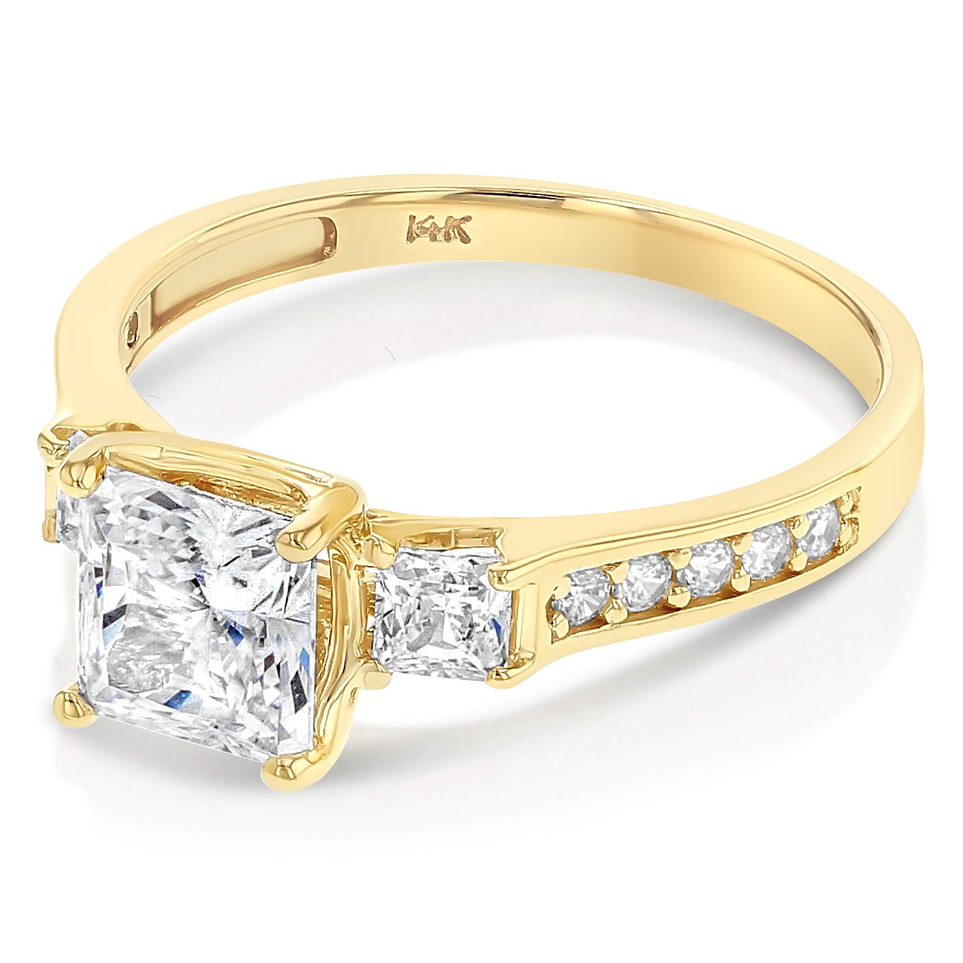 Ioka - 14K Solid Yellow Gold 1.5 Ct. Princess Cut 3 Stone CZ Engagement Ring With Stones in Band - Size 9