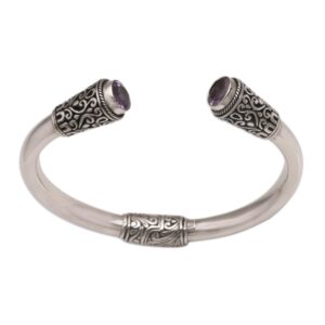 NOVICA Artisan Handmade Amethyst Cuff Bracelet Sterling Silver from Bali Purple Indonesia Birthstone [6 in L (end to End) x 0.4 in W] ' Daylight Altar'