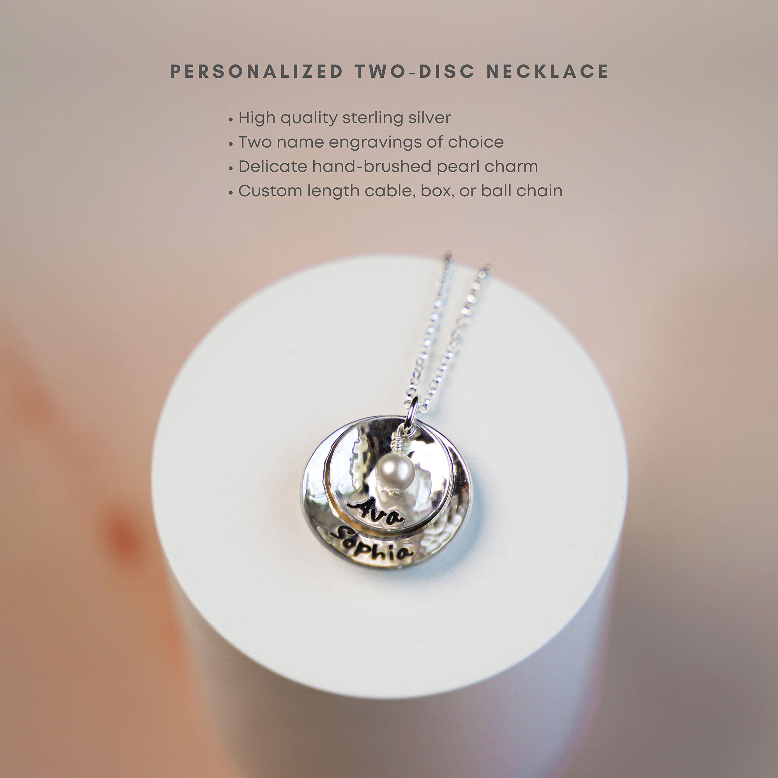 Dopio Personalized Sterling Silver Necklace with 2 Customizable Discs. Hand Finished and Accompanied by a Swarovski Pearl on a Sterling Silver Chain. Gifts for Her, Wife, Mother, Grandmother