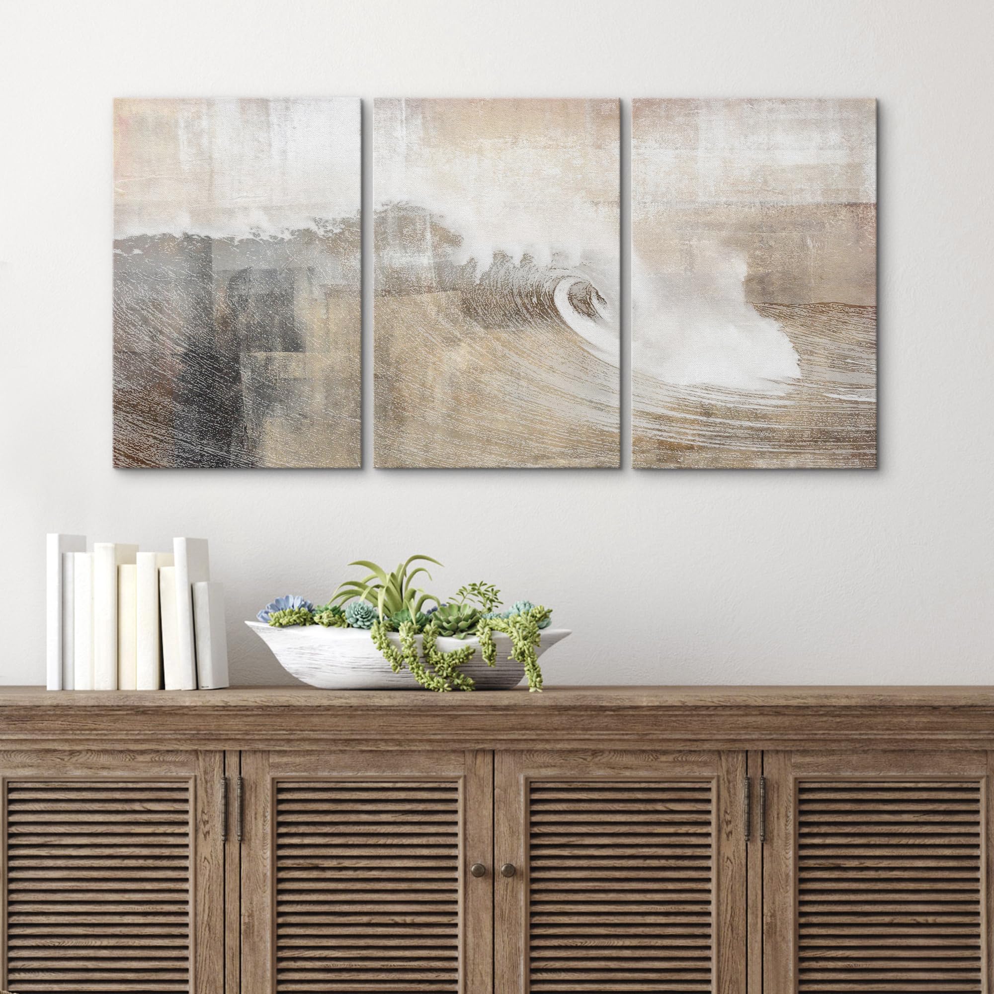 wall26 Canvas Print Wall Art Set Gray & Tan Color Block Ocean Wave Overlay Nature Wilderness Digital Art Modern Art Rustic Scenic Colorful for Living Room, Bedroom, Office - 16"x24"x3 Panels