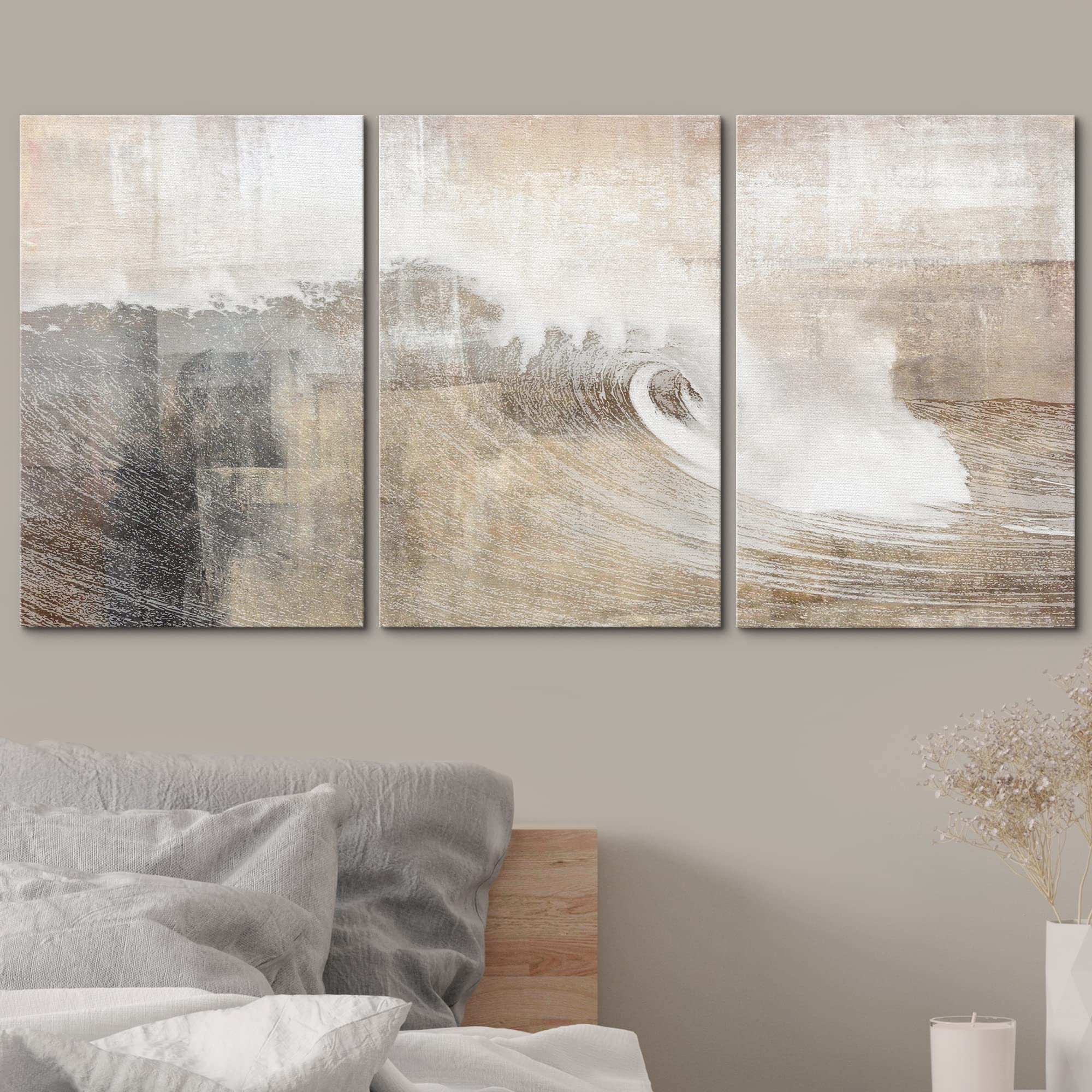 wall26 Canvas Print Wall Art Set Gray & Tan Color Block Ocean Wave Overlay Nature Wilderness Digital Art Modern Art Rustic Scenic Colorful for Living Room, Bedroom, Office - 16"x24"x3 Panels