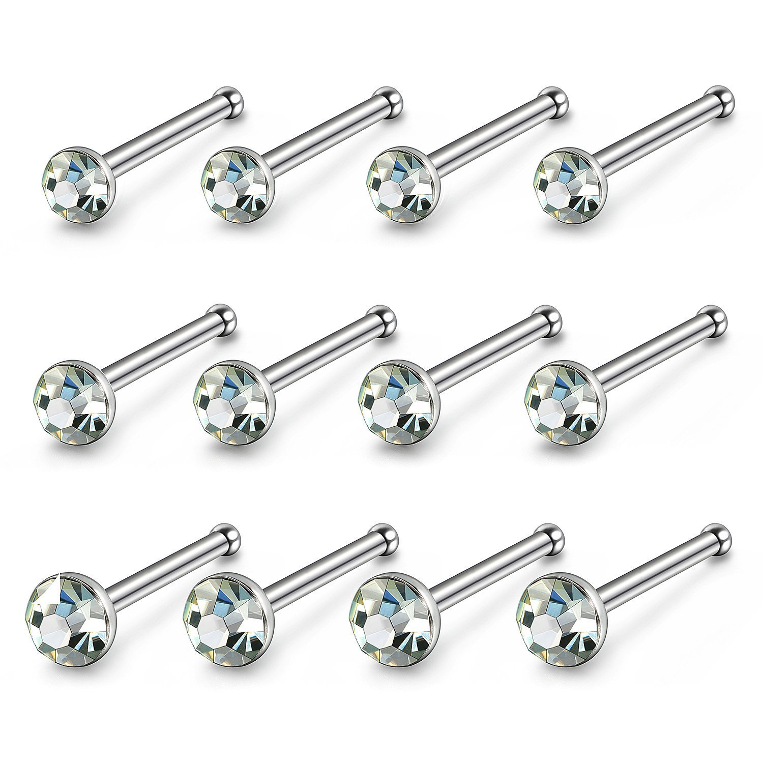 JEWELRIESHOP 60pcs Nose Ring Studs Stainless Steel CZ Nose Piercing Jewelry Bone Studs for Women Men Hypoallergenic 22G (1.6mm-2.5mm,White CZ)