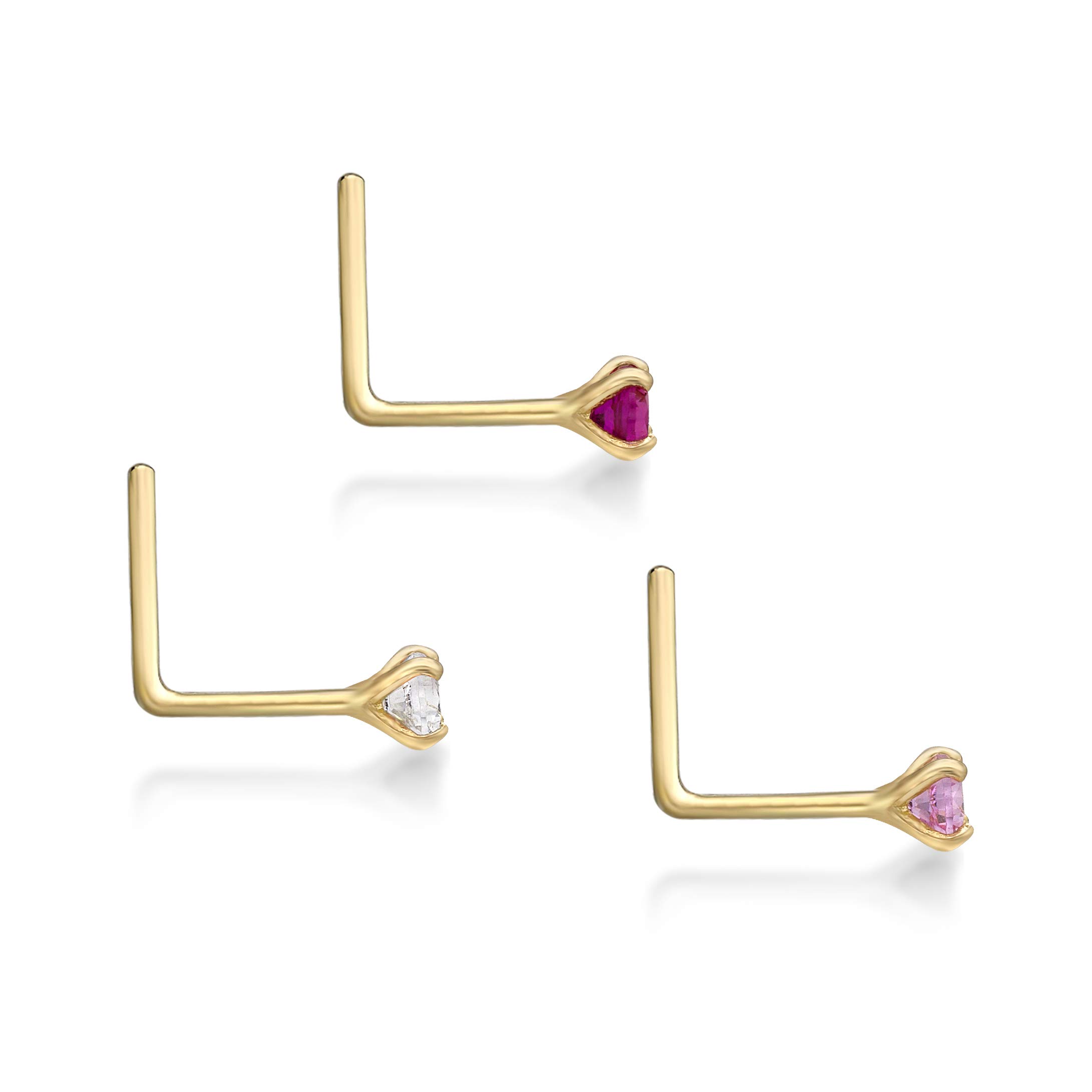 Lavari Jewelers 22 Gauge L-Shape Nose Ring Set for Women I 2mm White, Pink, and Red Cubic Zirconia Nose Ring I 14k Yellow Gold Nostril Piercing I 22G Hypoallergenic Unisex Stud I CZ Body Jewelry