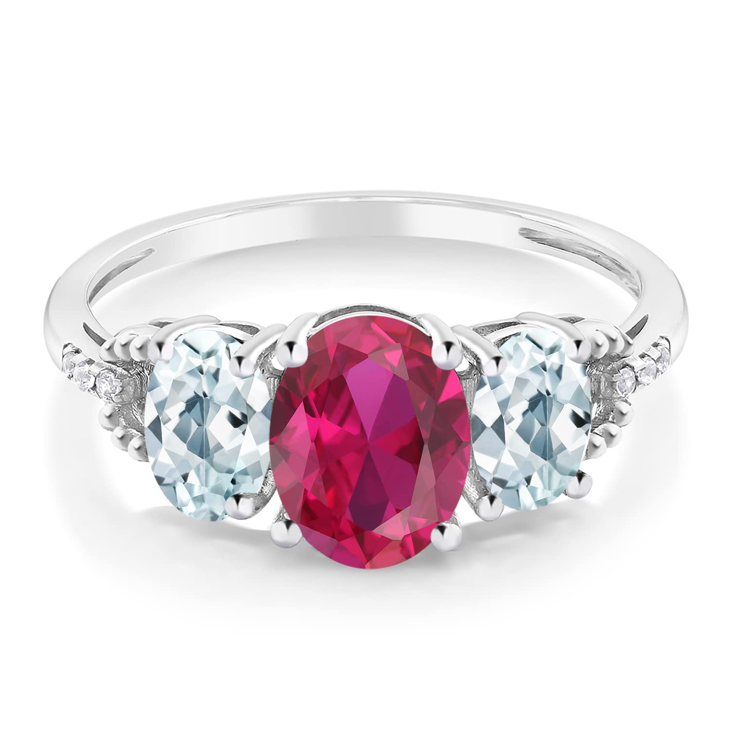 Gem Stone King 10K White Gold Oval Red Created Ruby Sky Blue Aquamarine and Diamond Accent 3 Stone Women Engagement Ring (2.06 Cttw) (Size 8)