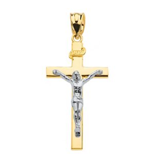 solid 14k two-tone gold cross inri crucifix charm pendant (1.60")