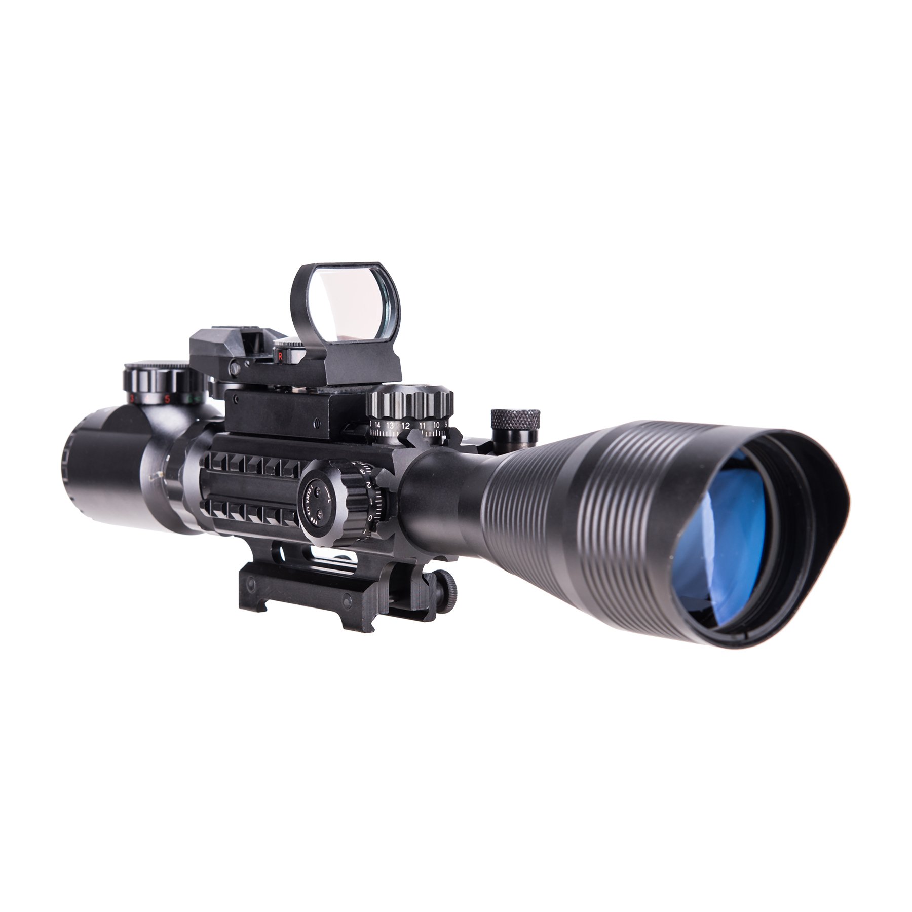 Pinty Rifle Scope 4-12x50 Rangefinder Illuminated Optics with 4 Reticle Red Green Reflex Sight, Green Dot Laser Sight, Black