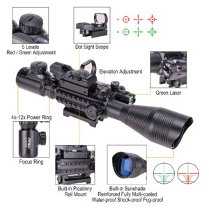 Pinty Rifle Scope 4-12x50 Rangefinder Illuminated Optics with 4 Reticle Red Green Reflex Sight, Green Dot Laser Sight, Black