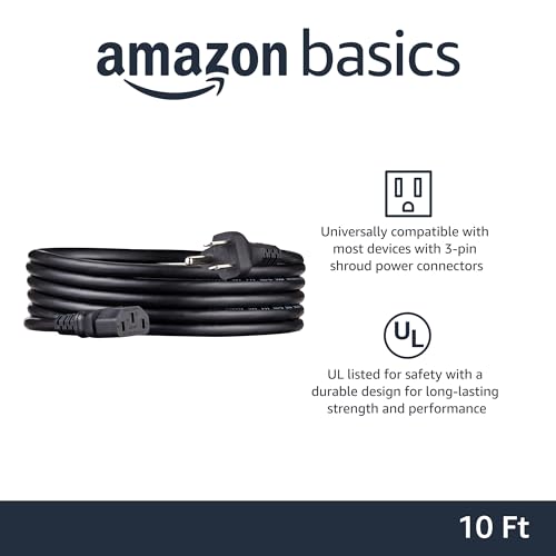 Amazon Basics Computer Monitor TV Replacement Power Cord, 10', Black